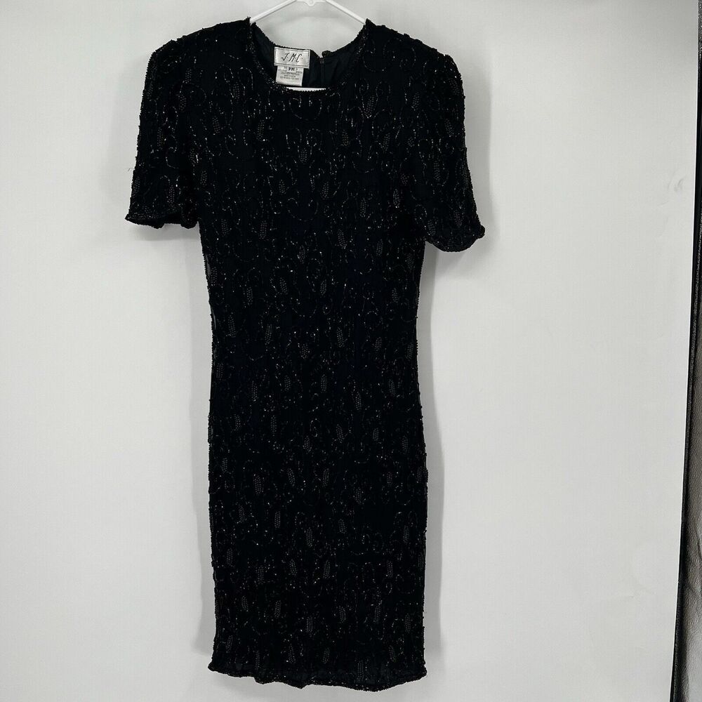 VTG JMC Petite Silk Black Beaded Evening Cocktail Dress Elegant Sexy Cruise Gown